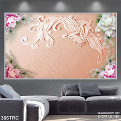 PSD tranh phượng hoàng bên hoa trang trí