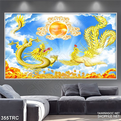 Tranh trang trí rồng phượng dáp vàng và mặt trời