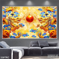 Tranh mặt trời và đôi rồng thiêng in canvas