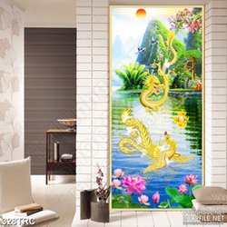Tranh in uv rồng vàng bay trên đỉnh núi dán tường