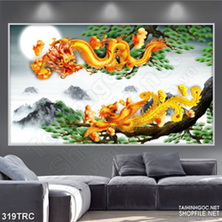 Tranh in canvas rồng phượng lượn bay trên ngọn núi