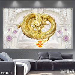 PSD tranh rồng vàng bên mặt trời trang trí