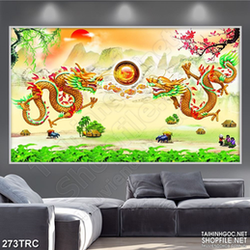 Tranh psd rồng vàng và ngọc quý in kính