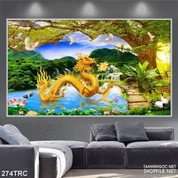 Tranh rồng vàng trên mặt nước psd