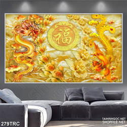 Tranh psd rồng và phượng hoàng dáp vàng in kính