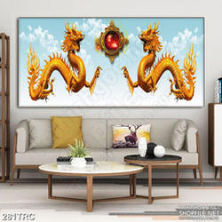 Tranh rồng nghệ thuật rồng vàng và viên ngọc đỏ