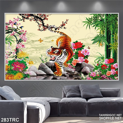 Tranh psd chú hổ trong rừng đào in gạch men