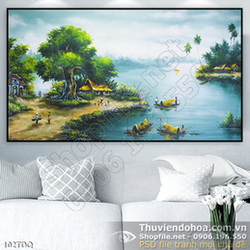 Tranh làng quê cây đa cổ thụ và những con thuyền nhỏ