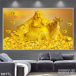 Tranh tài lộc Phật Di Lặc bên núi vàng in 3d