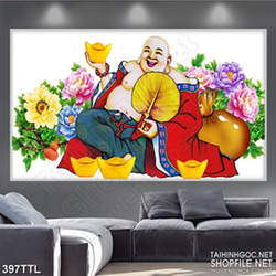 Tranh tài lộc Phật Di Lặc bên vườn hoa mẫu đơn