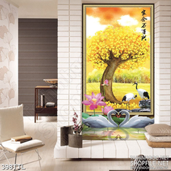 Tranh cây kim tiền bên hồ nước in treo tết