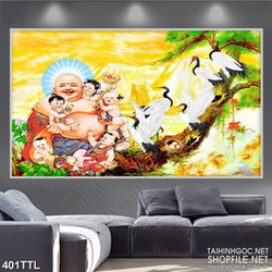 Tranh psd Phật Di Lặc bên các tiểu linh đồng