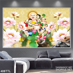 Tranh in treo tết Phật Di Lặc bên hồ sen