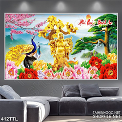 Tranh wall 3d Phật Di Lặc bên cây kim tiền