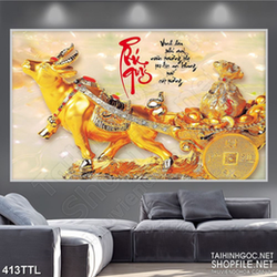 Tranh nghệ thuật chú trâu kéo xe đúc vàng phú quý