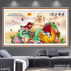 Tranh Phật Di Lặc bên vườn mẫu đơn trang trí