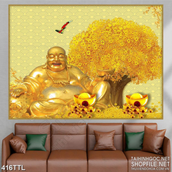 Tranh in uv  Phật Di Lặc bên cây kim tiền