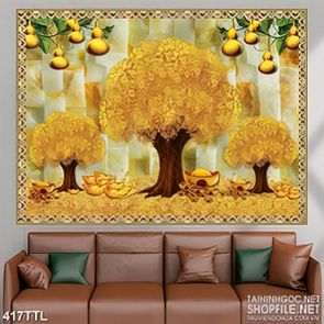 Tranh tài lộc giàn bầu vàng bên rừng cây kim tiền
