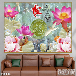 Tranh in treo tết chữ quý bên hồ sen giả ngọc