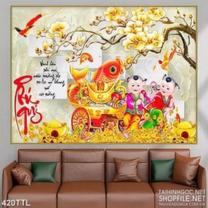 Tranh in canvas cá chép bên các tiểu linh đồng