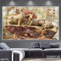 Tranh decor đôi cừu trên vách núi giả ngọc