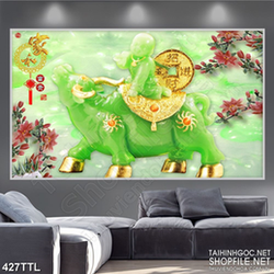 Tranh tài lộc chú linh dồng cưỡi trâu giả ngọc