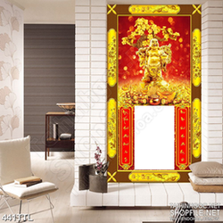 Tranh psd Phật Di Lặc bên gốc hoa mai đúc vàng