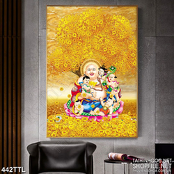 Tranh wall 3d Phật Di Lặc bên các tiểu linh đồng