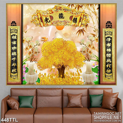 Tranh in treo tết cây kim tiền bên cành mai vàng