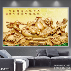 Tranh psd Phật Di Lặc bên tiểu linh đồng khắc gỗ