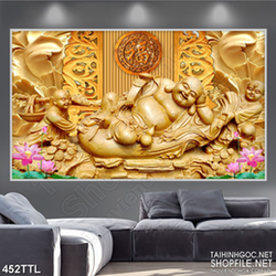 Tranh wall 3d Phật Di Lặc bên hồ sen khắc gỗ