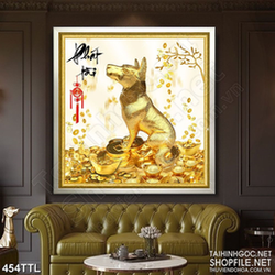 Tranh decor chú chó vàng bên cây kim tiền phát tài