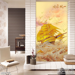 Tranh con tàu căng buồm trên biển vàng in canvas