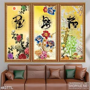 Tranh thư pháp chữ phúc lộc thọ bên hoa nghệ thuật
