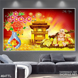 Tranh decor Phật Di Lặc bên ngôi chùa vàng