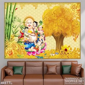 Tranh Phật Di Lặc bên cây kim tiền trang trí