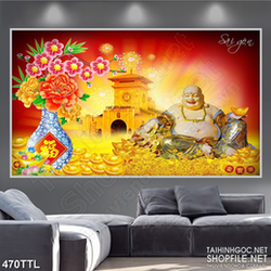 Tranh in canvas Phật Di Lặc bên ngôi chùa vàng