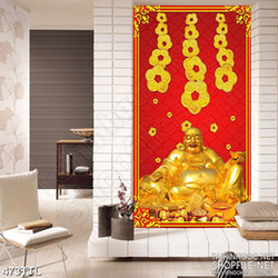 Tranh nghệ thuật Phật Di Lặc bên hoa mai đúc vàng