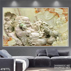 Tranh in treo tết Phật Di Lặc bên hồ sen giả ngọc