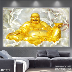 Tranh in canvas Phật Di Lặc bên hồ sen giả ngọc