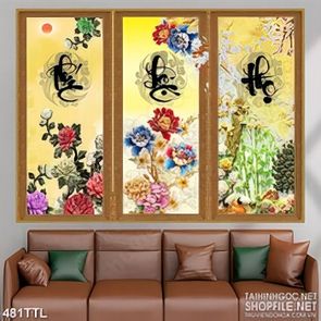 Tranh psd thư pháp phúc lộc thọ bên mẫu đơn