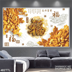 Tranh chữ phúc bên hoa mẫu đơn đúc vàng wall 3d