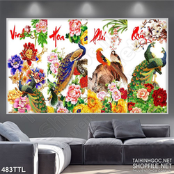 Tranh nghệ thuật vạn hoa phú quý bên chim công