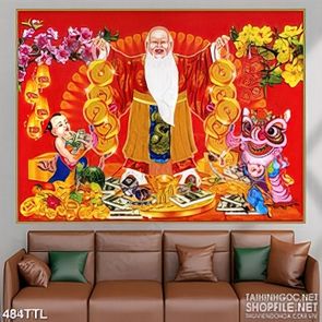 Tranh decor ông thọ bên rừng đào mai khoe sắc