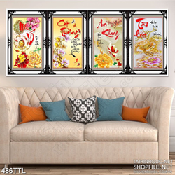 Tranh thư pháp hoa mẫu đơn chúc phúc in uv