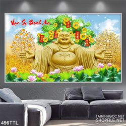 Tranh in uv Phật Di Lặc bên hồ sen dáp vàng