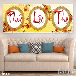 Tranh phúc lộc thọ bên hoa mai vàng trang trí