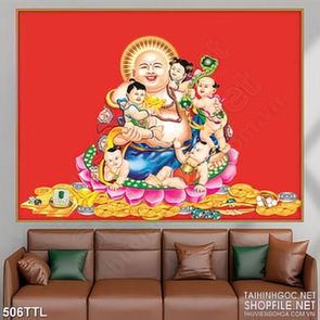 Tranh in uv Phật Di Lặc bên các chú tiểu linh đồng