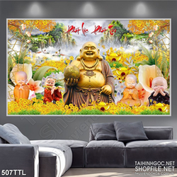 Tranh tài lộc Phật Di Lặc bên thác nước dáp vàng