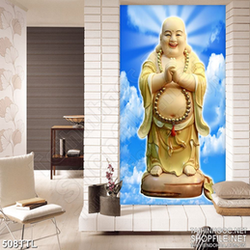 Tranh in treo tết Phật Di Lặc trên nền trời xanh